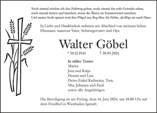 Traueranzeige von Walter Göbel von Wiesbadener Kurier
