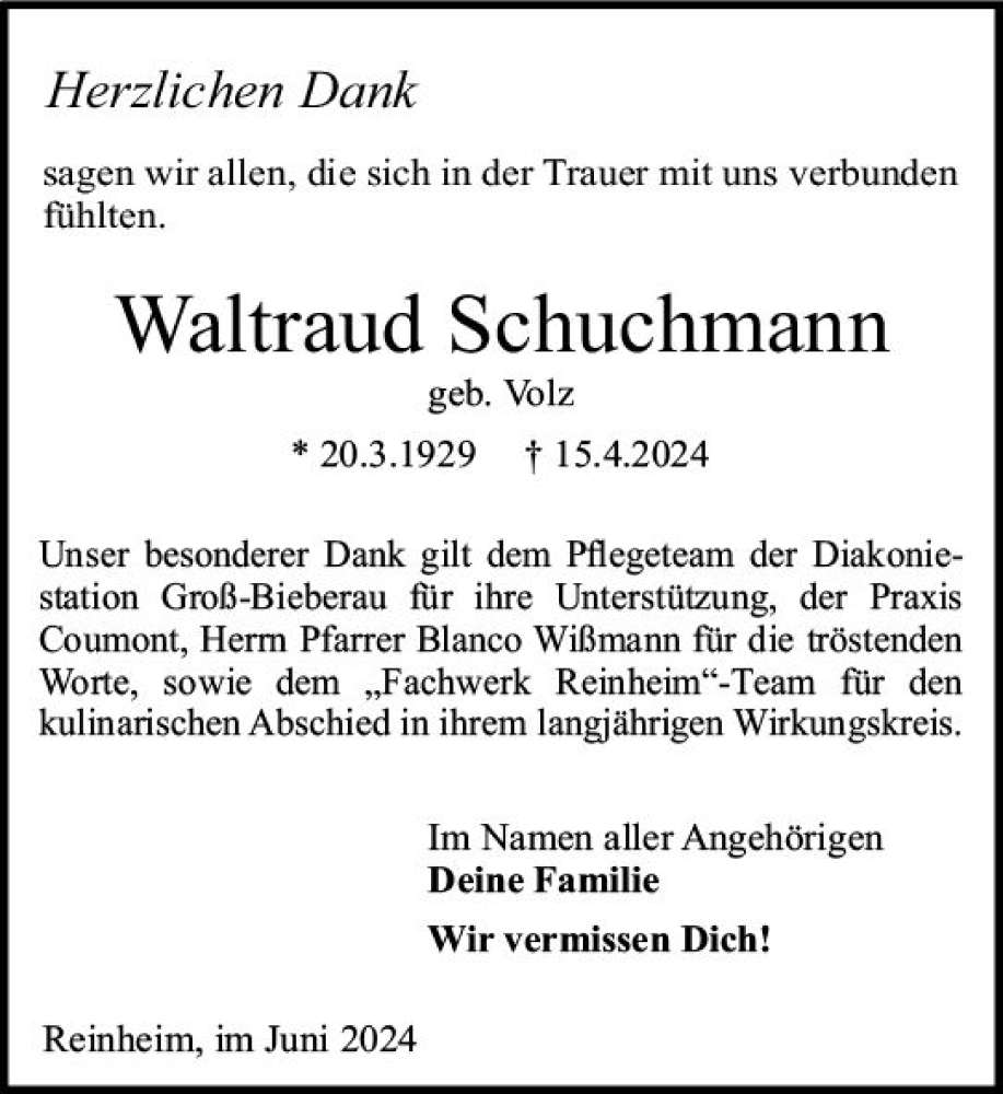  Traueranzeige für Waltraud Schuchmann vom 08.06.2024 aus Odenwälder Echo