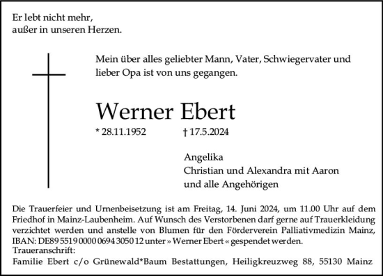 Traueranzeige von Werner Ebert von Allgemeine Zeitung Mainz