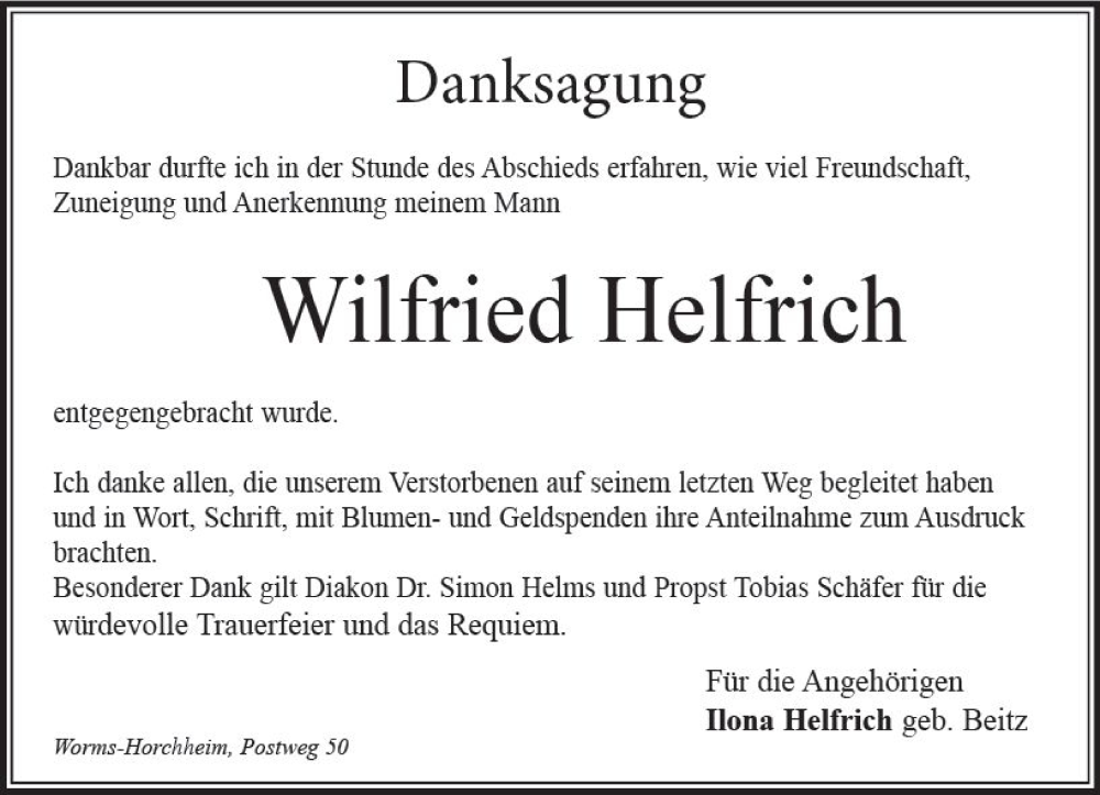  Traueranzeige für Wilfried Helfrich vom 29.06.2024 aus Wormser Zeitung