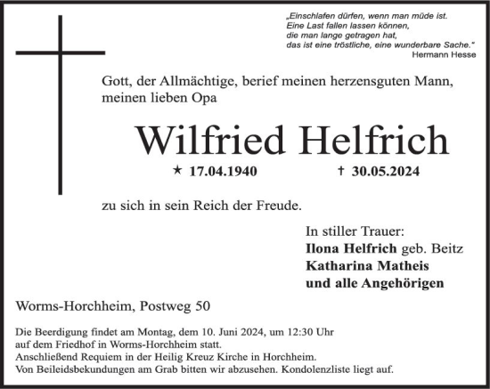 Traueranzeige von Wilfried Helfrich von Wormser Zeitung