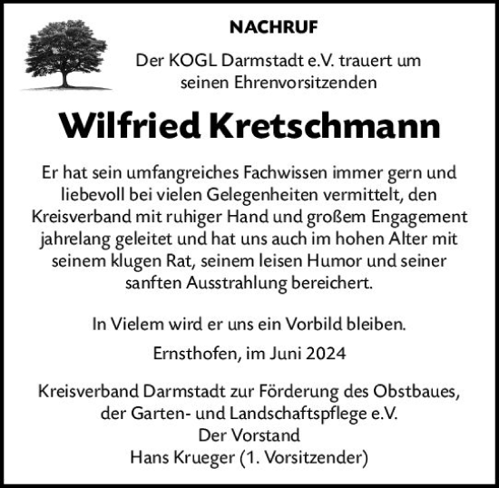Traueranzeige von Wilfried Kretschmann von Darmstädter Echo