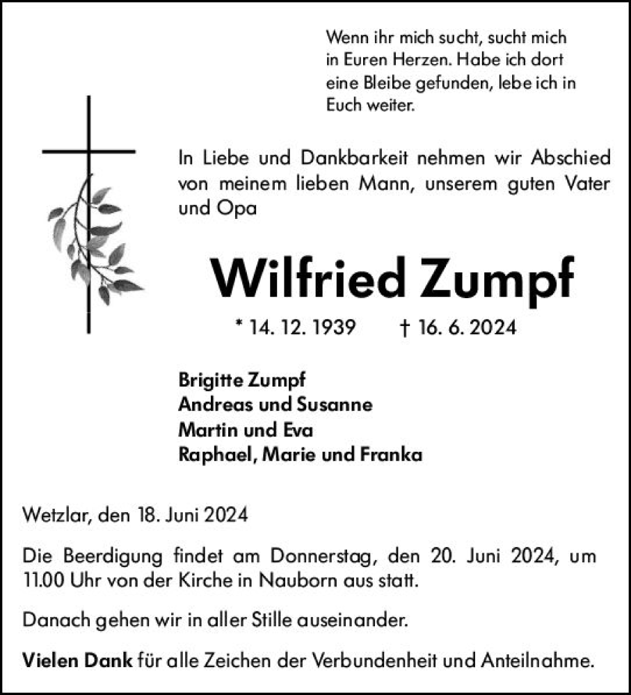  Traueranzeige für Wilfried Zumpf vom 18.06.2024 aus Wetzlarer Neue Zeitung