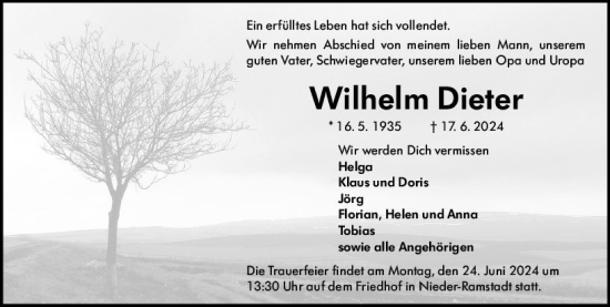 Traueranzeige von Wilhelm Dieter von Darmstädter Echo