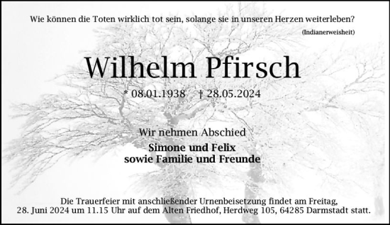 Traueranzeige von Wilhelm Pfirsch von Darmstädter Echo