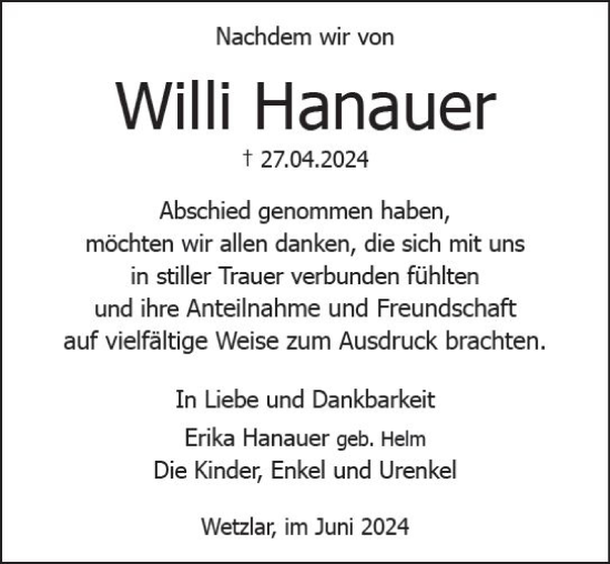 Traueranzeige von Willi Hanauer von Wetzlarer Neue Zeitung