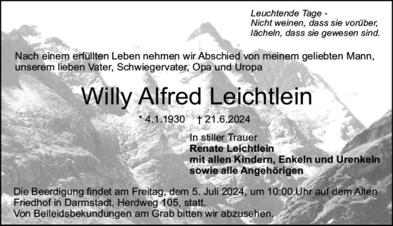 Traueranzeige von Willy Alfred Leichtlein von Darmstädter Echo
