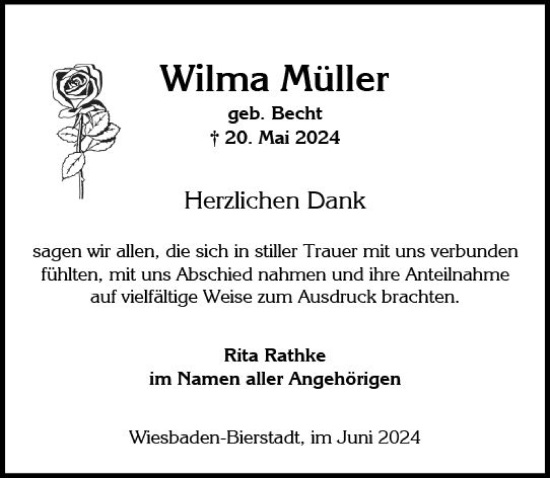 Traueranzeige von Wilma Müller von Wiesbadener Kurier