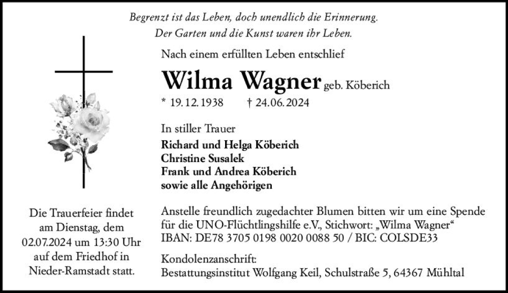  Traueranzeige für Wilma Wagner vom 29.06.2024 aus Darmstädter Echo