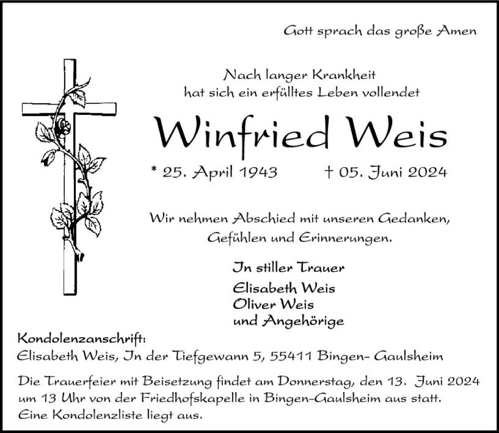  Traueranzeige für Winfried Weis vom 08.06.2024 aus Allgemeine Zeitung Bingen/Ingelheim
