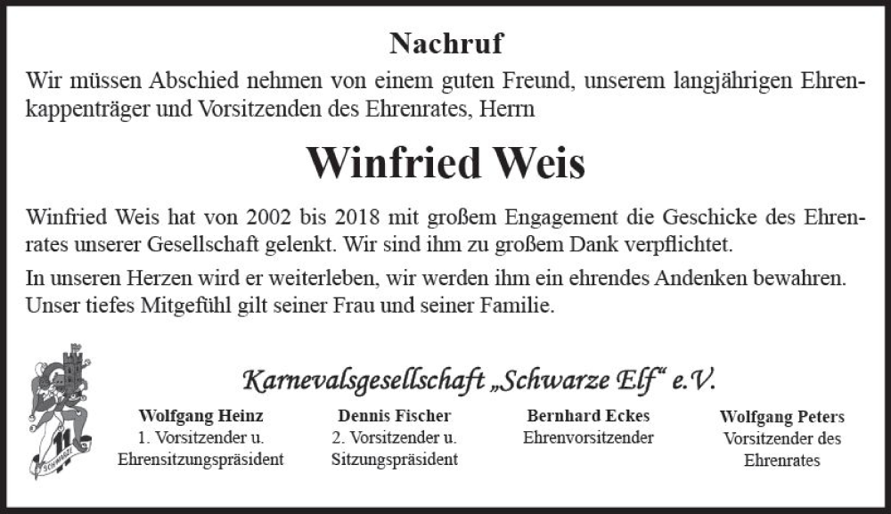  Traueranzeige für Winfried Weis vom 15.06.2024 aus Binger-/Ingelheimer Wochenblatt