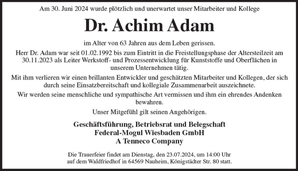  Traueranzeige für Achim Adam vom 20.07.2024 aus Rüsselsheimer Echo