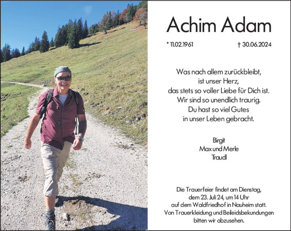  Traueranzeige für Achim Adam vom 20.07.2024 aus Rüsselsheimer Echo