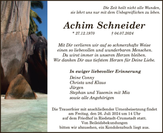 Traueranzeige von Achim Schneider von Darmstädter Echo