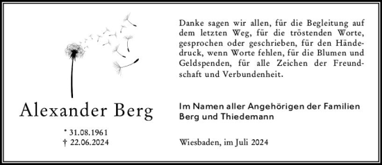 Traueranzeige von Alexander Berg von Wiesbadener Kurier