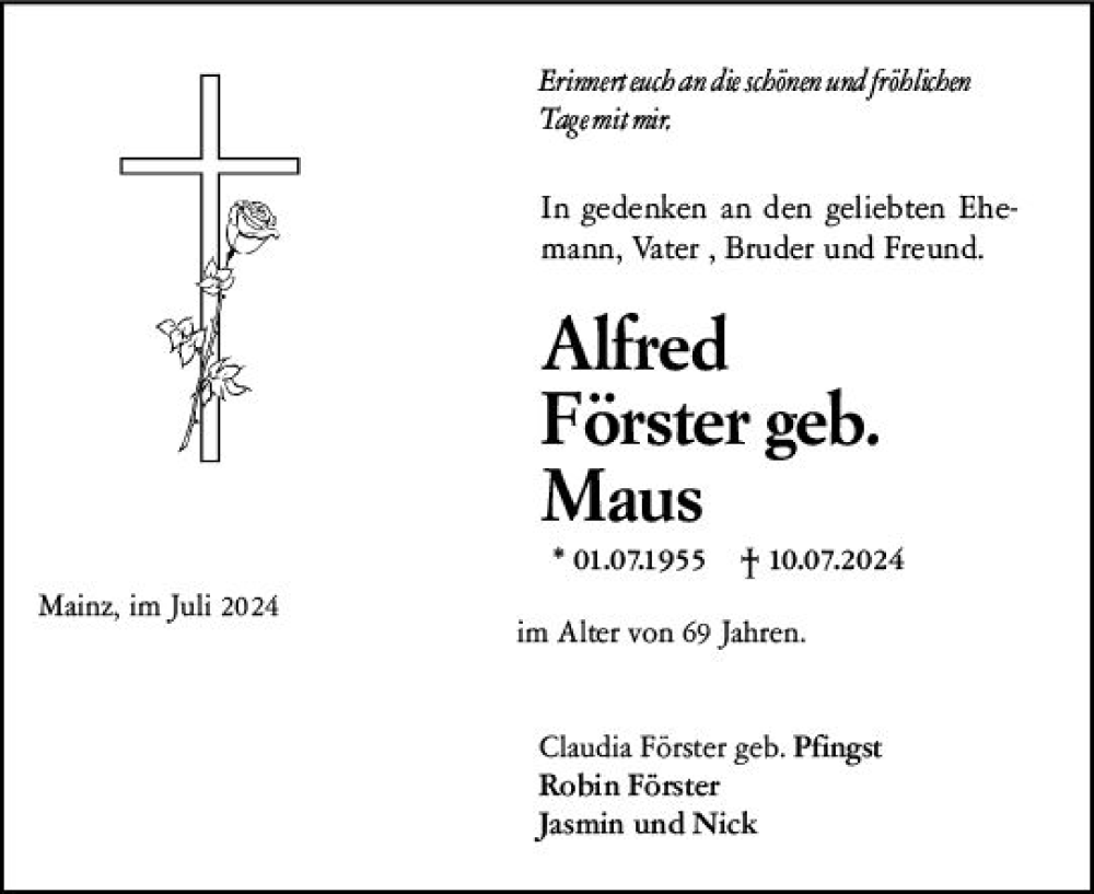  Traueranzeige für Alfred Förster vom 22.07.2024 aus Allgemeine Zeitung Mainz