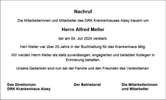 Traueranzeige von Alfred Meller von Allgemeine Zeitung Alzey