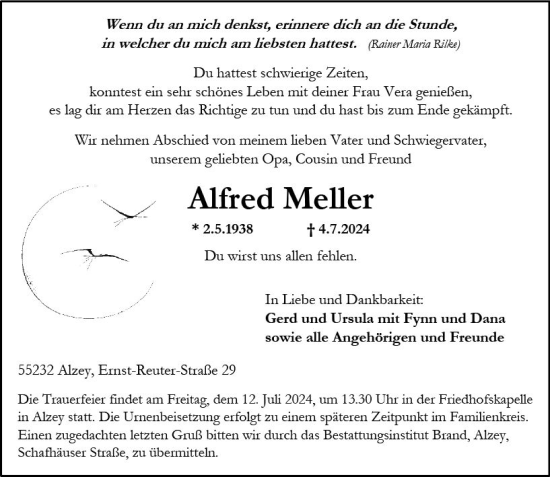 Traueranzeige von Alfred Meller von Allgemeine Zeitung Alzey