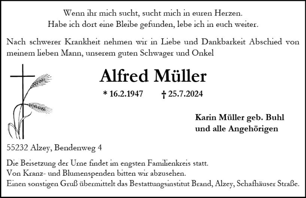  Traueranzeige für Alfred Müller vom 31.07.2024 aus Allgemeine Zeitung Alzey