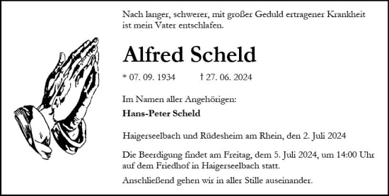 Traueranzeige von Alfred Scheld von Dill Block