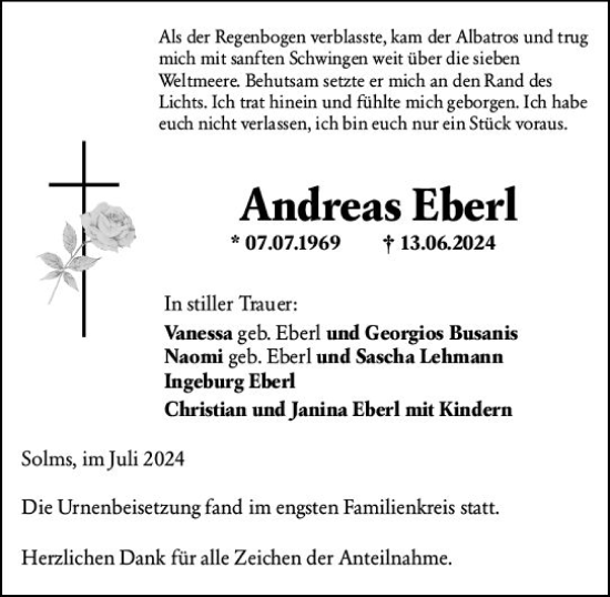 Traueranzeige von Andreas Eberl von Wetzlarer Neue Zeitung