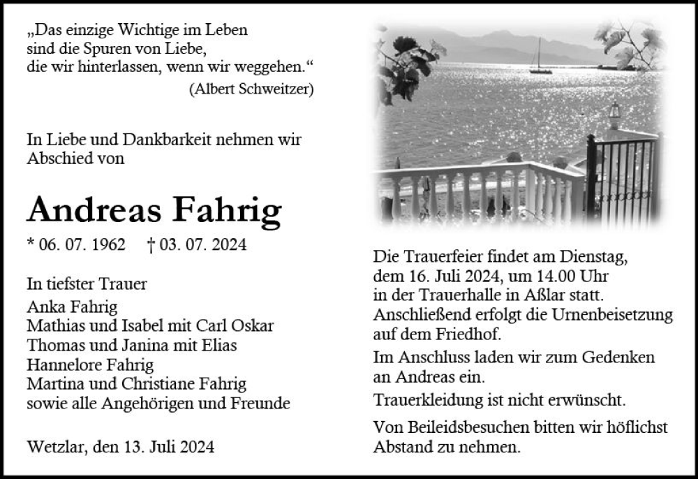  Traueranzeige für Andreas Fahrig vom 13.07.2024 aus Wetzlarer Neue Zeitung