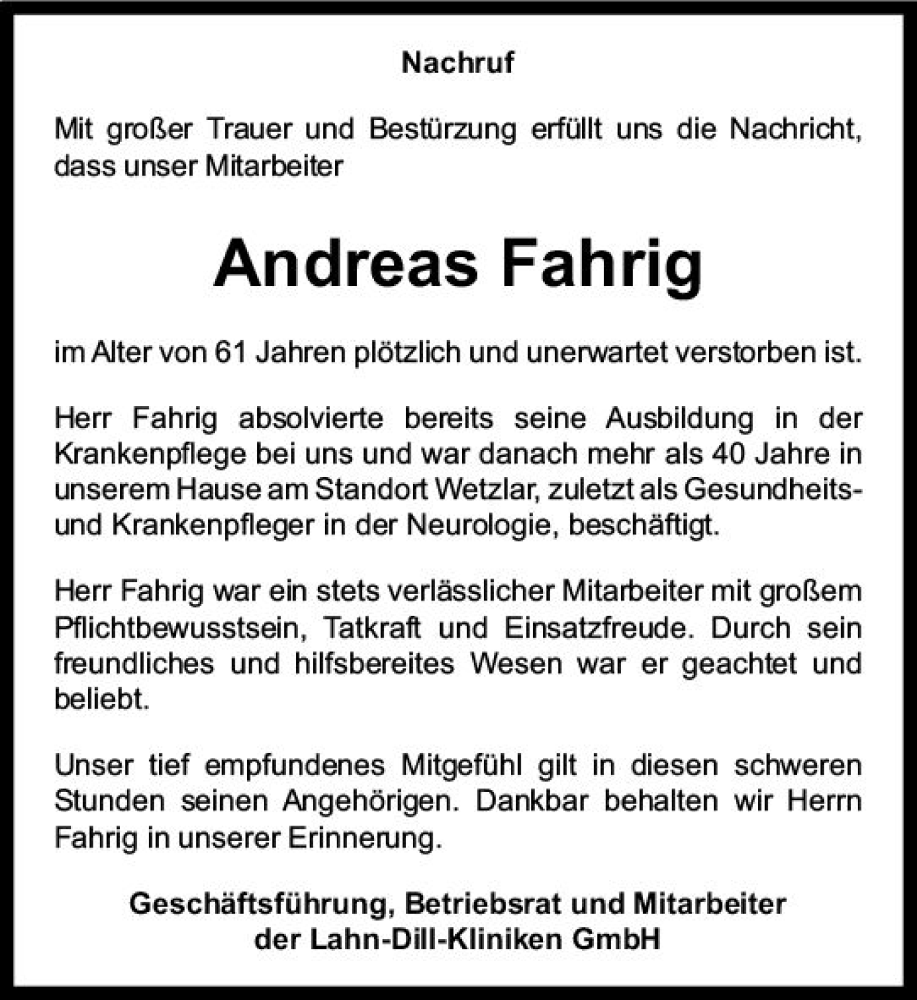 Traueranzeige für Andreas Fahrig vom 13.07.2024 aus Wetzlarer Neue Zeitung