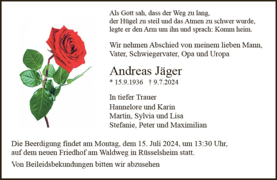 Traueranzeige von Andreas Jäger von Rüsselsheimer Echo