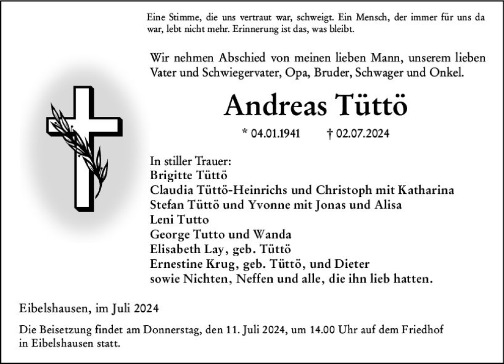  Traueranzeige für Andreas Tüttö vom 09.07.2024 aus Dill Block