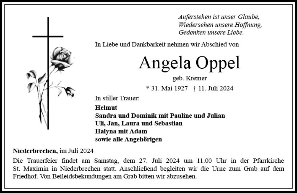  Traueranzeige für Angela Oppel vom 25.07.2024 aus Camberger Anzeiger