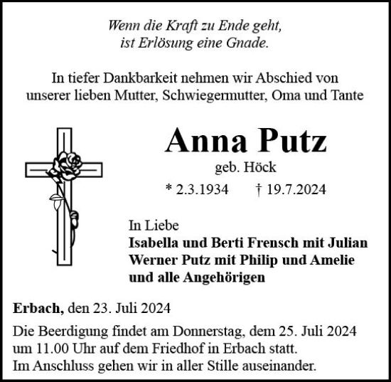 Traueranzeige von Anna Putz von Nassauische Neue Presse