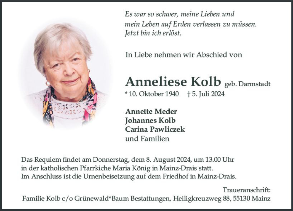  Traueranzeige für Anneliese Kolb vom 27.07.2024 aus Allgemeine Zeitung Mainz