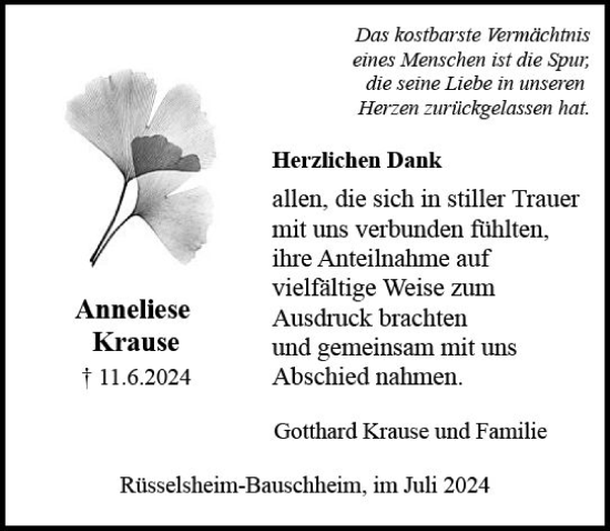 Traueranzeige von Anneliese Krause von Rüsselsheimer Echo