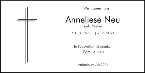 Traueranzeige von Anneliese Neu von Wetzlarer Neue Zeitung