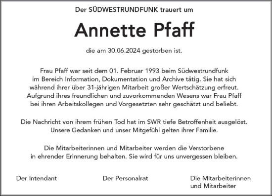 Traueranzeige von Annette Pfaff von Wormser Zeitung