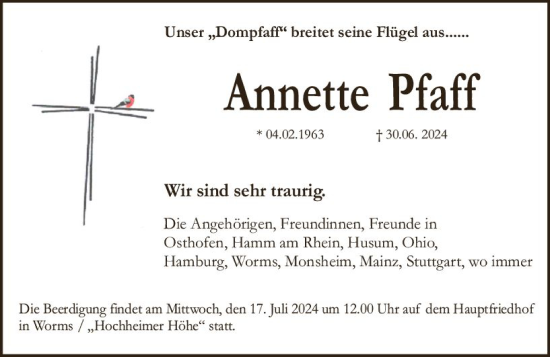 Traueranzeige von Annette Pfaff von Wormser Zeitung