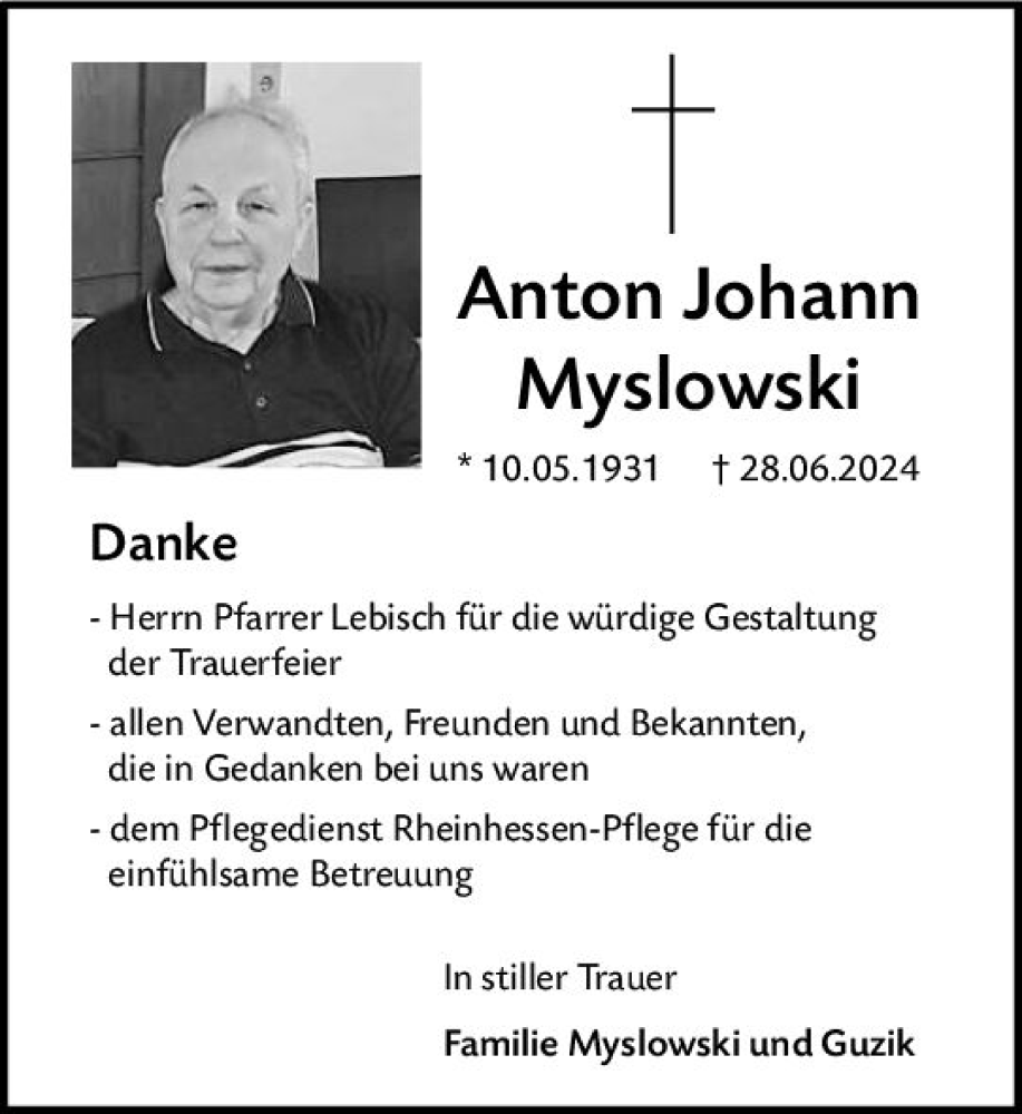  Traueranzeige für Anton Johann Myslowski vom 20.07.2024 aus Allgemeine Zeitung Mainz