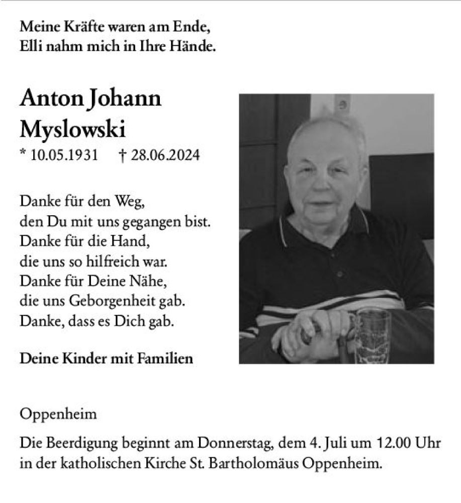  Traueranzeige für Anton Johann Myslowski vom 03.07.2024 aus Allgemeine Zeitung Mainz