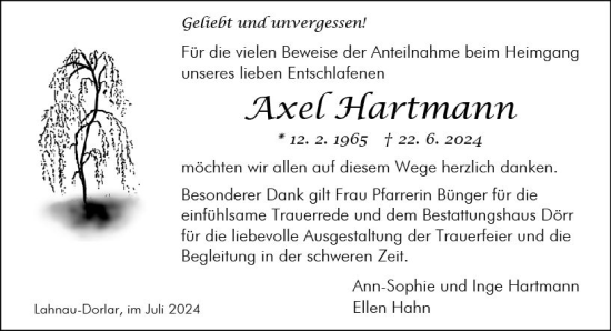 Traueranzeige von Axel Hartmann von Wetzlarer Neue Zeitung