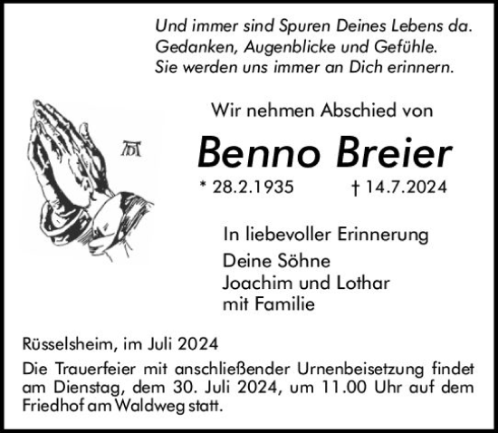 Traueranzeige von Benno Breier von Rüsselsheimer Echo