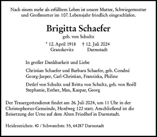 Traueranzeige von Brigitta Schaefer von Darmstädter Echo