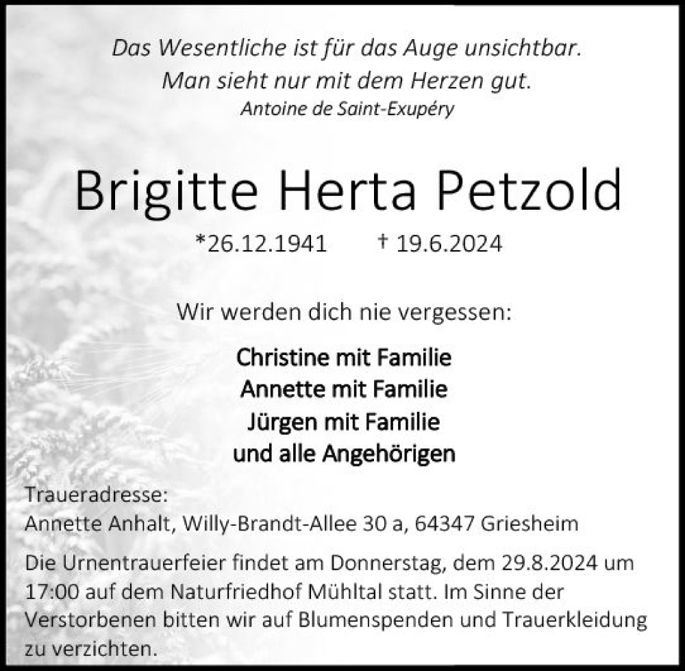  Traueranzeige für Brigitte Petzold vom 06.07.2024 aus Darmstädter Echo