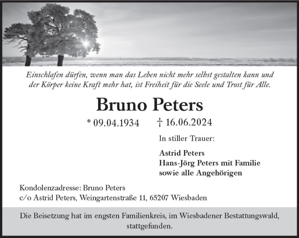  Traueranzeige für Bruno Peters vom 13.07.2024 aus Wiesbadener Kurier