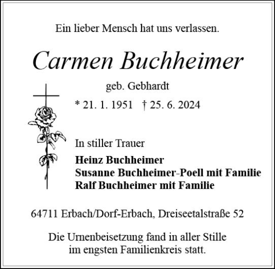 Traueranzeige von Carmen Buchheimer von Odenwälder Echo