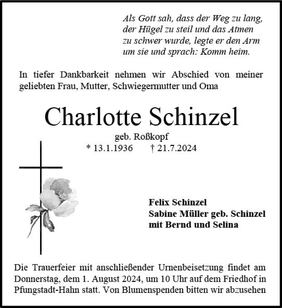  Traueranzeige für Charlotte Schinzel vom 27.07.2024 aus Darmstädter Echo