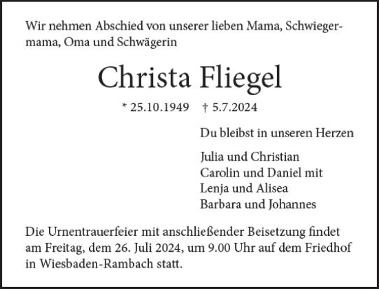Traueranzeige von Christa Fliegel von Wiesbadener Kurier