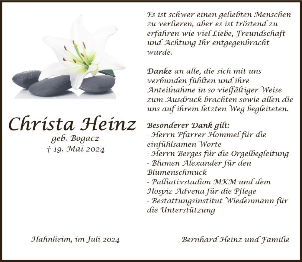 Traueranzeige für Christa Heinz vom 06.07.2024 aus Allgemeine Zeitung Mainz