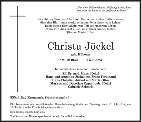 Traueranzeige von Christa Jöckel von Allgemeine Zeitung Rheinhessen-Nahe