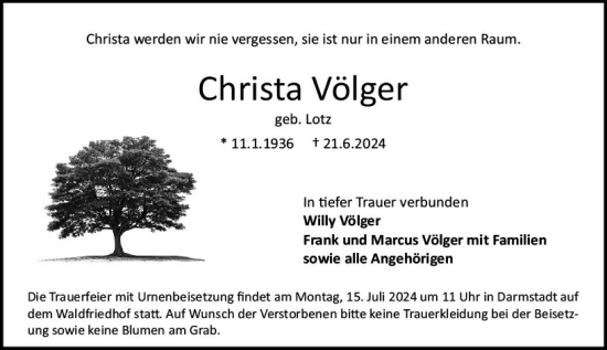 Traueranzeige von Christa Völger von Darmstädter Echo