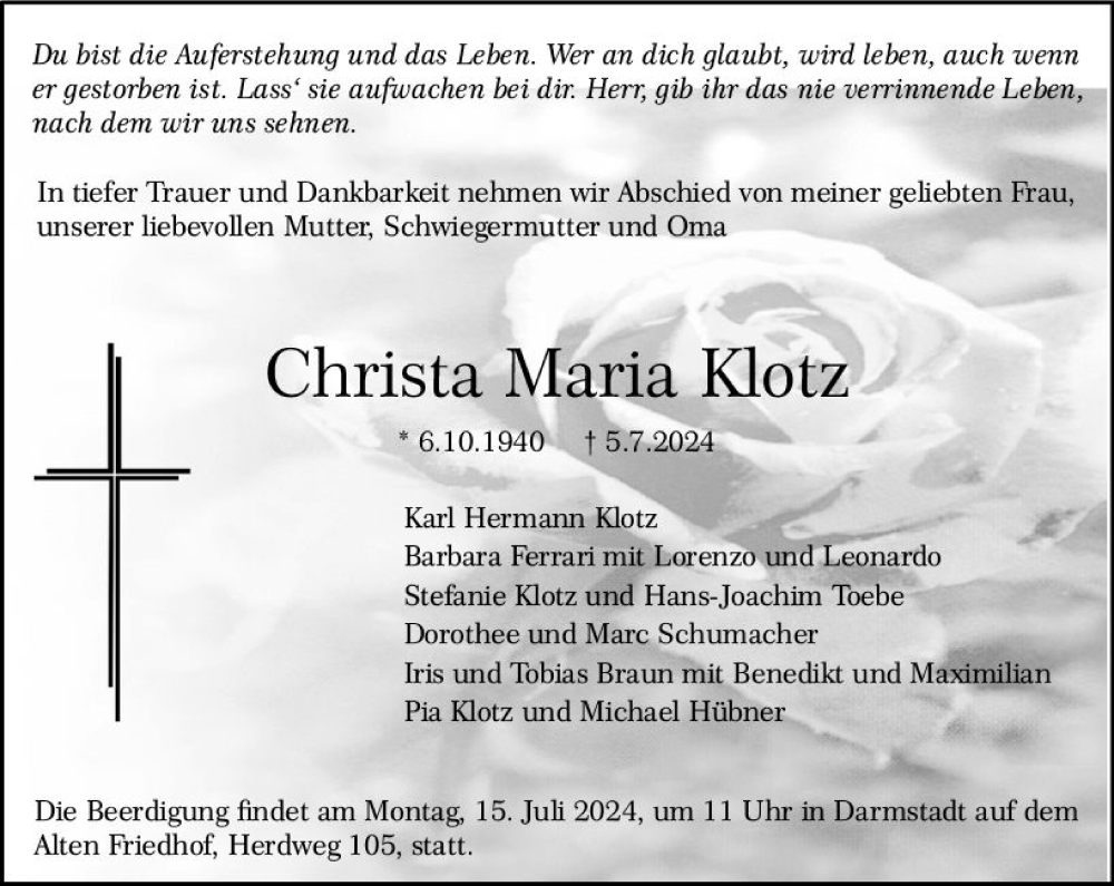  Traueranzeige für Christa Maria Klotz vom 10.07.2024 aus Odenwälder Echo